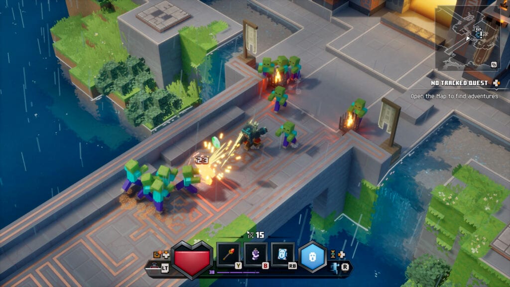 Minecraft Dungeons II heroes fighting mobs across a rainy plains battlefield